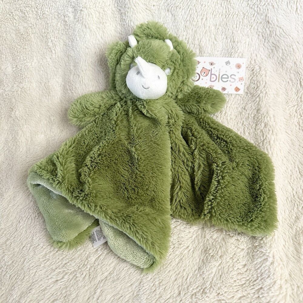 New Oobles Dinosaur Baby Blanket Lovey Green Dino Soft Fuzzy Snuggle Rattle